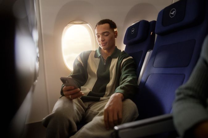 Mann sitzt am Fensterplatz im Lufthansa-Allegris-Economy-Sitz, schaut lächelnd auf sein Smartphone, im Hintergrund helles Sonnenlicht durchs Flugzeugfenster