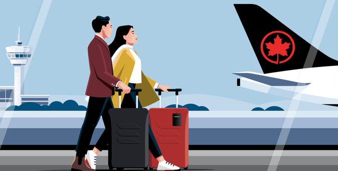 Grafik - Fluggäste mit Koffer gehen zum Flugzeug von Air Canada