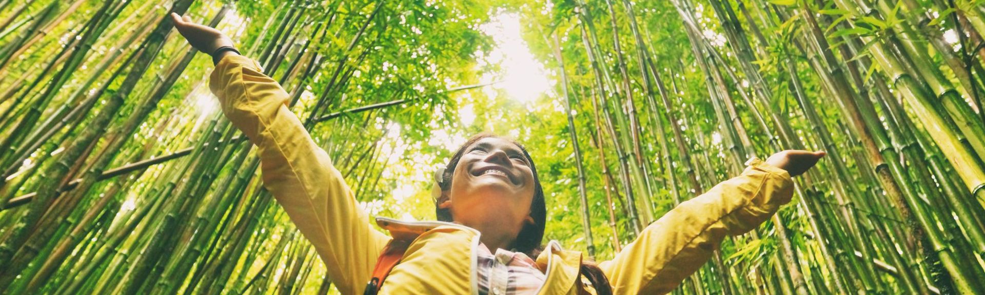 Person mit gelber Jacke steht mit ausgebreiteten Armen in einem dichten Bambuswald und blickt lächelnd nach oben – Symbol für nachhaltiges Reisen, Naturverbundenheit und Lebensfreude.