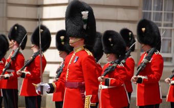 Soldat mit roter Uniform und schwarzer Bärenfellmütze bei der Changing of the Guard Zeremonie vor dem Buckingham Palast in London