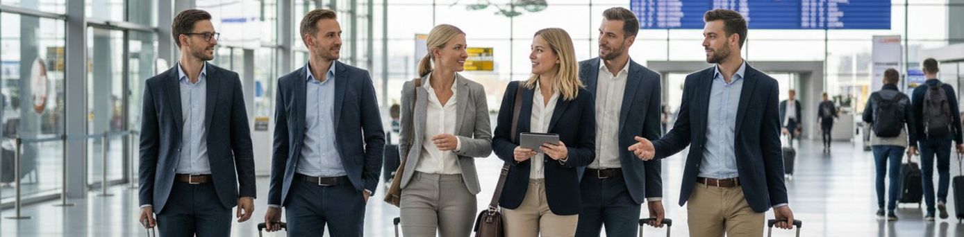 Große Gruppe von Geschäftsreisenden am Flughafen bei koordinierter Gruppenreise
