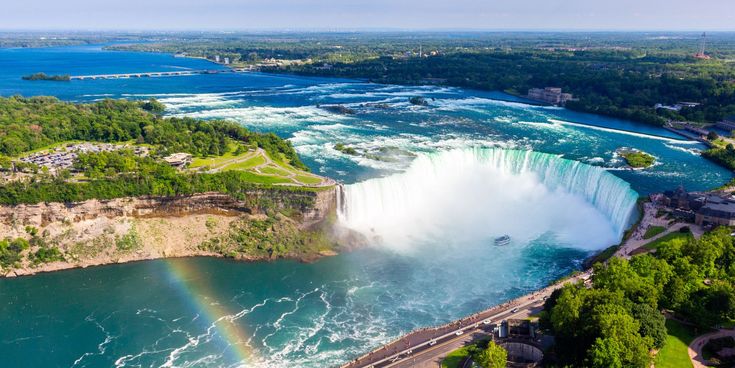 Luftaufnahme der Niagarafälle an der Grenze zwischen Kanada und den USA mit Regenbogen über dem türkisblauen Wasser und Boot im Nebel der Fälle.