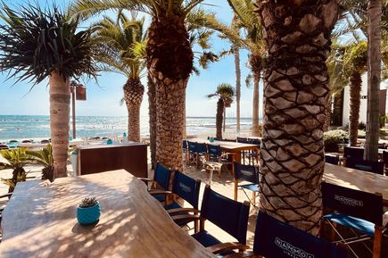 Sonnige Strandterrasse mit Holztisch, blauer Dekoration, Stühlen mit blauer Rückenlehne und Palmen im Hintergrund.