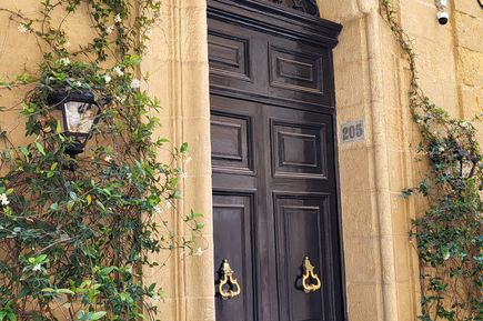 Schwere Holztür mit goldenen Türklopfern