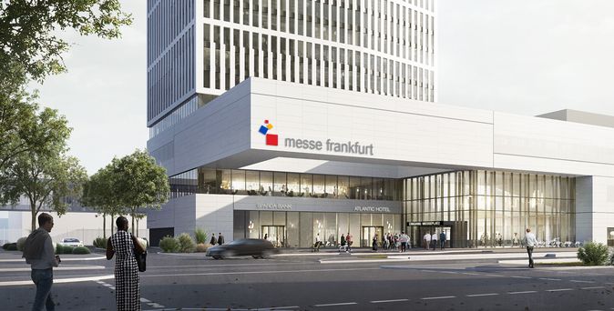 Rendering eines Hotels an einer Straßenfront mit Glasfassade und Eingangsbereich, im Hintergrund ein Hochhaus.