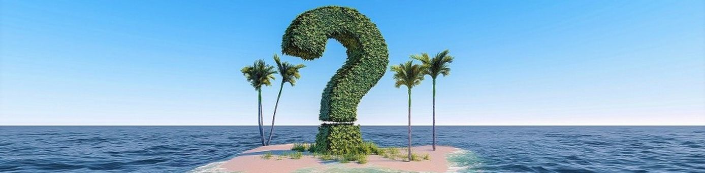 Kleine tropische Insel mit Palmen und einem großen, aus Blättern geformten Fragezeichen – symbolisch für Neugier, Fragen oder die Suche nach Antworten im Urlaub.