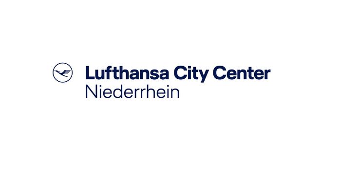 Das Logo des Lufthansa City Center Niederrhein in einem dunkel Blau geschrieben mit einem Kranich als Symbol auf der linken Seite
