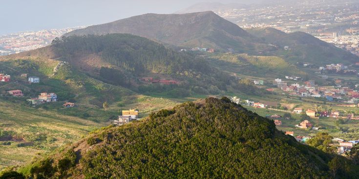 Grüne Hügellandschaft auf Teneriffa mit verstreuten Häusern und Blick auf eine weite Talebene unter leicht bewölktem Himmel.