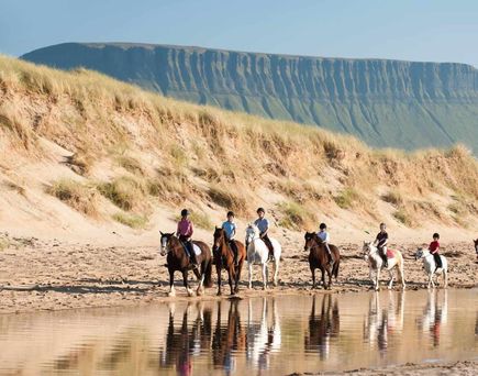 Gruppe von Reitern galoppiert entlang eines weiten Strandes bei Ebbe.