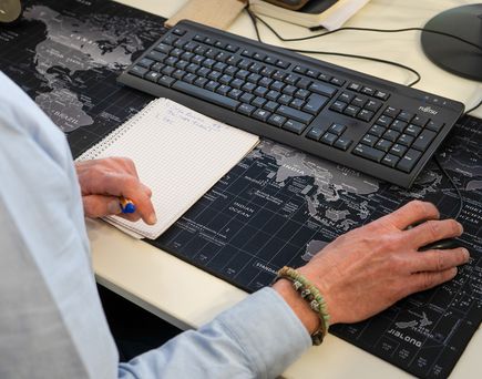Arbeitsunterlage Weltkarte Geschäftsmann Maus Tastatur Notizen