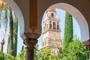 Arkaden, Palmen und Kirchturm in Cordoba