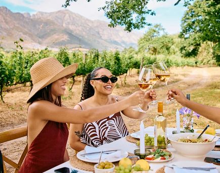 Drei Frauen stoßen lachend bei einem gedeckten Tisch in einem sonnigen Weinberg in Südafrika an, mit Bergen im Hintergrund.