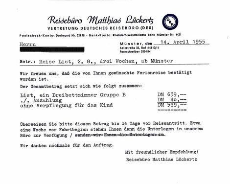 1955, Bestätigung über eine Reisebuchung nach List, Sylt