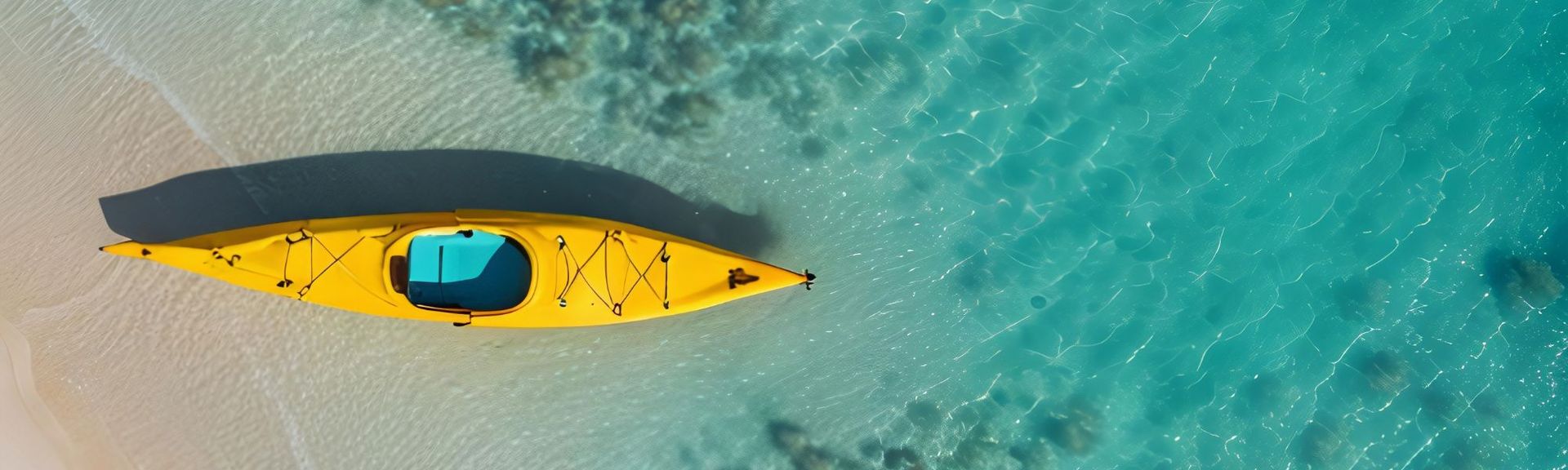 Gelbes Kajak im klaren türkisfarbenen Wasser an einem weißen Sandstrand – Symbol für Ruhe, Naturerlebnis und Urlaub am Meer.