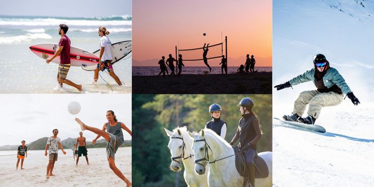 Eine Collage aus sechs Sport- und Freizeitmotiven: Zwei Personen mit Surfbrettern gehen am Strand ins Wasser; eine Gruppe spielt bei Sonnenuntergang Beachvolleyball; ein Snowboarder fährt eine verschneite Piste hinunter; mehrere Menschen spielen am Strand Fußball; zwei Reiterinnen sitzen auf weißen Pferden im Grünen.