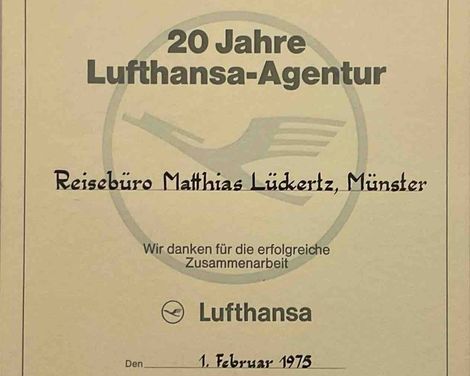 1975 Urkunde, 20 Jahre Lufthansa Agentur