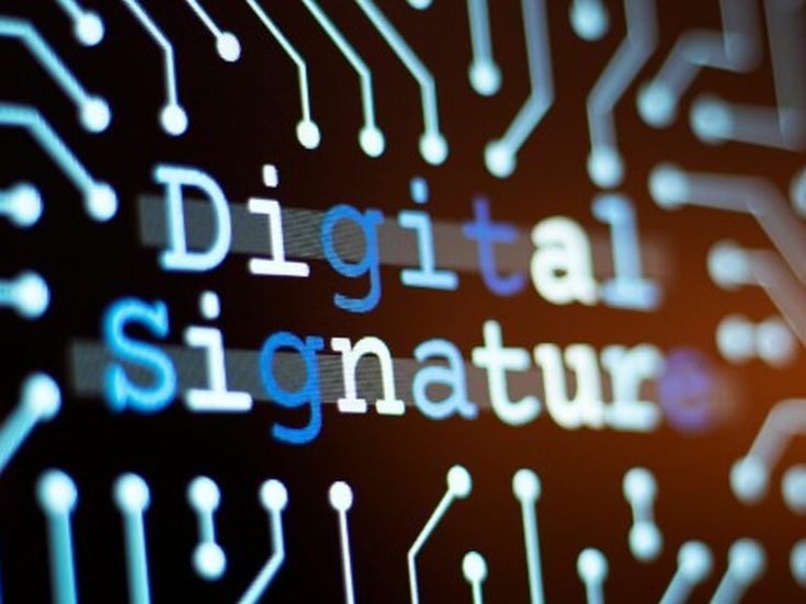 Leuchtende Schrift 'Digital Signature' auf einer Leiterplatte – steht für Sicherheit und Digitalisierung.