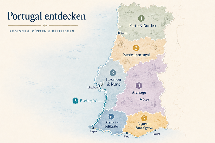 Illustrative Karte Portugals mit den Regionen Porto und Norden, Zentralportugal, Lissabon und Küste, Alentejo sowie der Algarve. Zusätzlich sind der Fischerpfad, wichtige Städte sowie Madeira und die Azoren eingezeichnet.