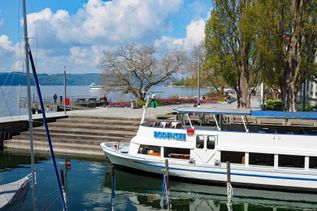 Ausflugsboot liegt am Ufer vom Bodensee