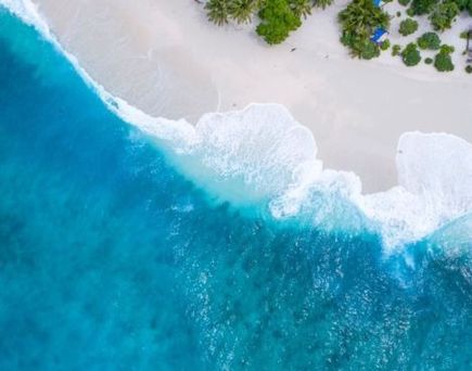 Luftaufnahme einer tropischen Insel mit weißem Sandstrand, türkisblauem Meer und Palmen.