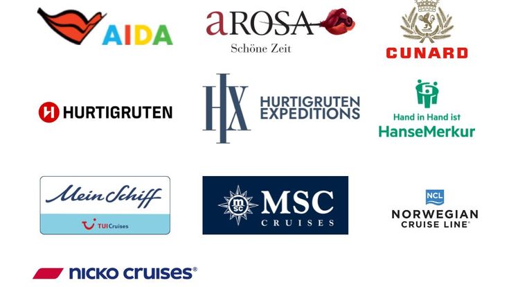  Edit image Collage verschiedener Kreuzfahrt-Logos als Partner-Übersicht für ein Mailing.