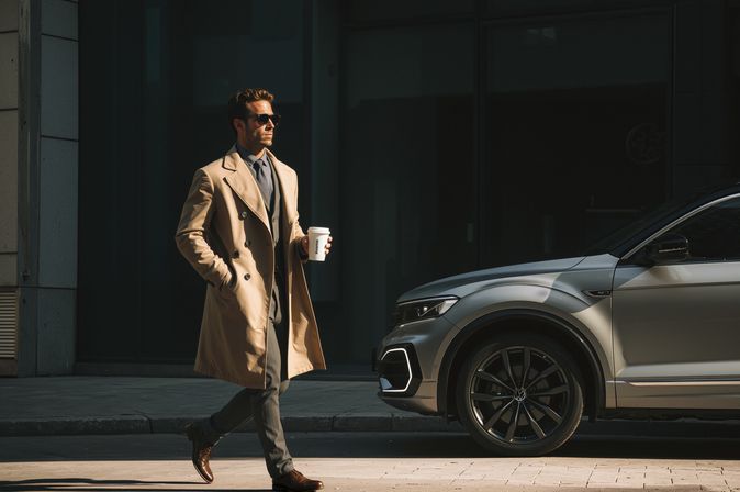 Geschäftsmann im beigen Trenchcoat mit Kaffeebecher läuft an einem silbernen SUV vorbei vor einem modernen Gebäude.