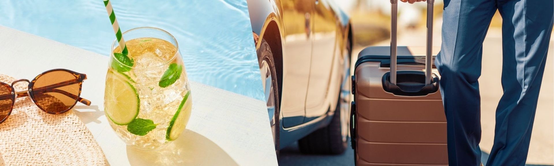 Collage aus Urlaubs- und Geschäftsreise-Motiven: links Strohhut, Sonnenbrille und Erfrischungsgetränk am Pool, rechts Businessreisender mit Koffer neben Auto – Symbol für Freizeit- und Geschäftsreisen.