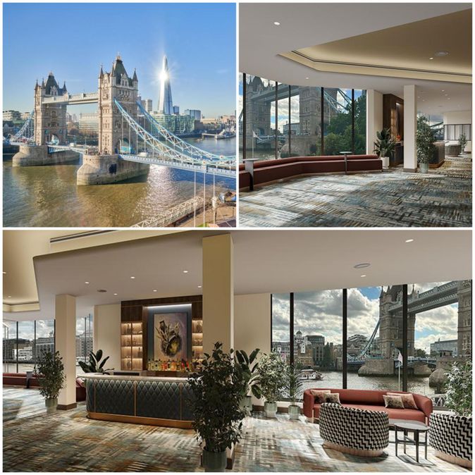 Collage mir drei Bildern zum Clermont Tower Hotel London und zur Tower Bridge