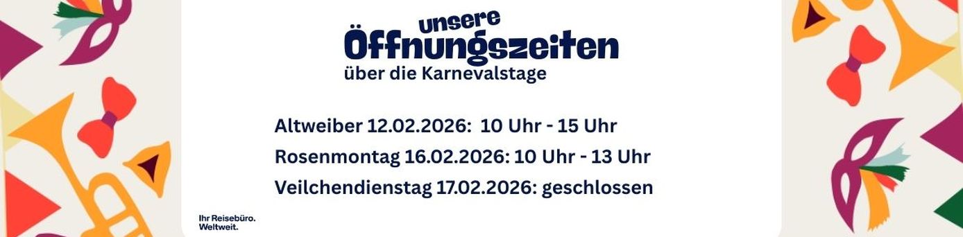 Karnevals-Öffnungszeiten des Lufthansa City Center Niederrhein 2026. Altweiber von 10 bis 15 Uhr geöffnet, Rosenmontag von 10 bis 13 Uhr geöffnet, Veilchendienstag geschlossen.