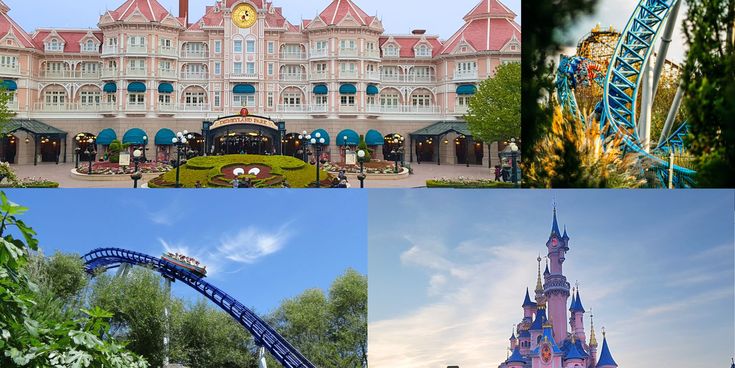 Kollage aus Freizeitpark-Impressionen: das elegante Eingangsgebäude und das märchenhafte Schloss von Disneyland Paris sowie dynamische Achterbahnen mit blauen Schienen, die durch grüne Landschaften und über Felsen verlaufen – Sinnbild für Spaß, Nervenkitzel und magische Momente.