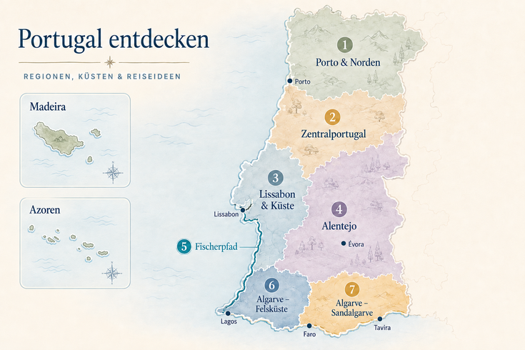 Illustrative Karte Portugals mit den Regionen Porto und Norden, Zentralportugal, Lissabon und Küste, Alentejo sowie der Algarve. Zusätzlich sind der Fischerpfad, wichtige Städte sowie Madeira und die Azoren eingezeichnet.
