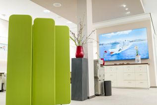 Innenraum des Reisebüros mit grüner Raumtrennung, roter Blumenvase und einem großen Bildschirm mit Kreuzfahrtmotiv im Hintergrund.