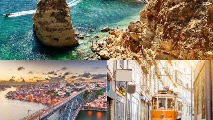 Collage mit der felsigen Küste der Algarve, der Dom-Luís-I-Brücke über den Douro in Porto und einer gelben historischen Straßenbahn in einer portugiesischen Stadt.