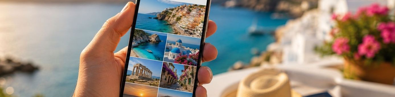 Smartphone mit Urlaubsfotos aus Italien, Griechenland und Kroatien vor mediterraner Küstenkulisse mit türkisblauem Meer, weißen Häusern, Sonnenhut und Pass.