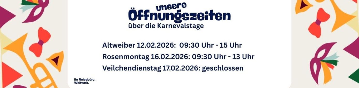 Übersicht der Öffnungszeiten des Lufthansa City Center Niederrhein an Karneval 2026. Altweiber von 9:30 bis 15 Uhr geöffnet, Rosenmontag von 9:30 bis 13 Uhr geöffnet, Veilchendienstag geschlossen.