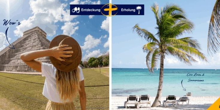 Reiseinspiration mit dem Motto Entdeckung & Erholung: links eine Frau mit Hut vor einer Maya-Pyramide in Mexiko, rechts Palmenstrand mit Sonnenliegen am türkisblauen Meer – perfekte Kombination aus Abenteuer und Entspannung.