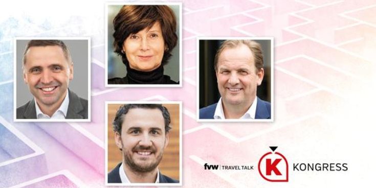 Collage mit vier Porträtfotos und fvw | Travel Talk Kongress-Logo – Symbol für Fachkongress und Diskussion über KI im Reisevertrieb.