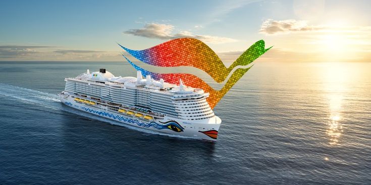 Modernes Kreuzfahrtschiff auf offenem Meer bei Sonnenuntergang, mit leuchtendem Farbdesign und ruhiger Atmosphäre – Sinnbild für Vielfalt und Lebensfreude auf Reisen.