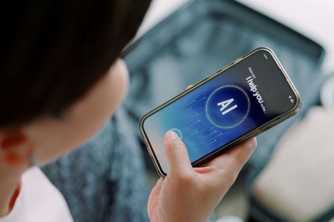 Frau schaut auf ihr Smartphone und nutzt AI App