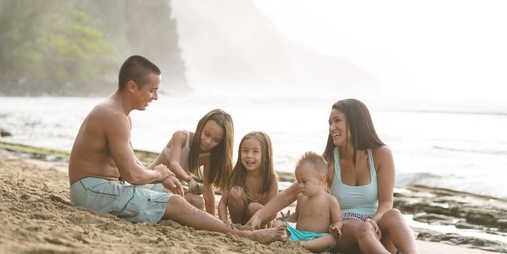 Eltern und drei Kinder spielen fröhlich am Strand – unbeschwerte Familienzeit mit Sonne, Sand und Meer.