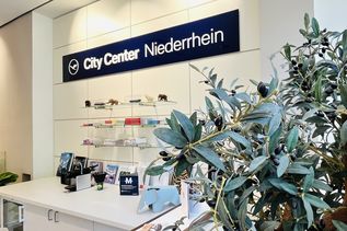 Empfangsbereich des Reisebüros City Center Niederrhein mit modernem Design, Glasregalen und einer grünen Pflanze im Vordergrund.