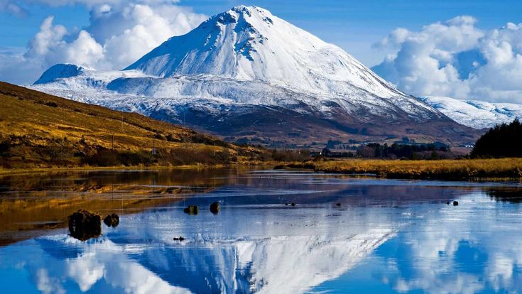 Spiegelung eines schneebedeckten Berges in einem stillen See bei sonnigem Wetter.
