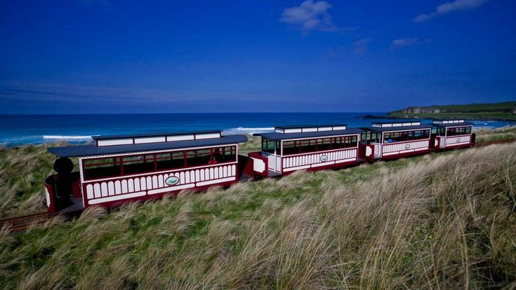 Historischer Zug fährt durch die grüne Landschaft Irlands bei klarem Himmel.