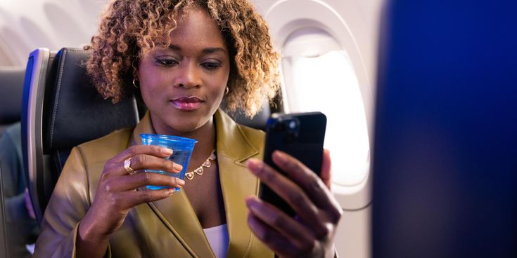 Frau an Bord von United Airlines schaut auf ihr Handy und hält ein Glas Wasser in der anderen Hand