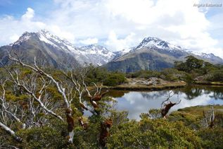 Fluss vor schneebedecktem Berg in Neuseeland