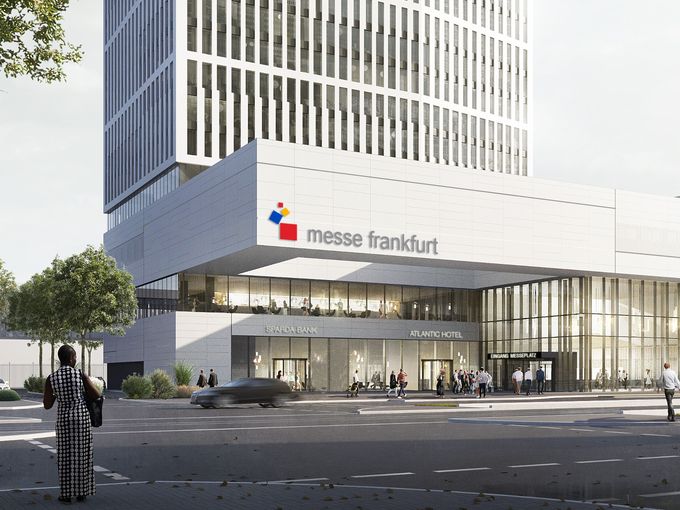 Rendering eines Hotels an einer Straßenfront mit Glasfassade und Eingangsbereich, im Hintergrund ein Hochhaus.