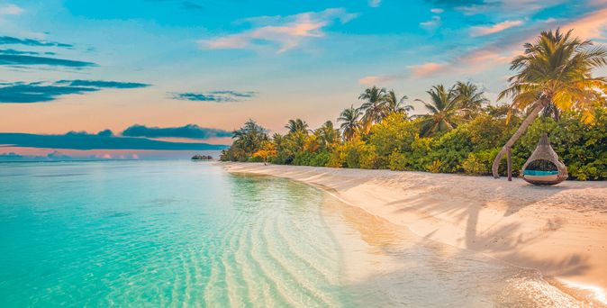 Sandstrand mit Palmen und Hängekorb bei Sonnenuntergang 
