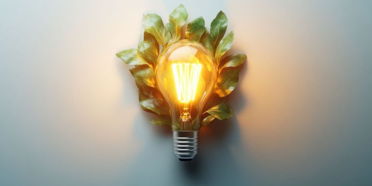 Leuchtende Glühbirne, umgeben von grünen Blättern, an einer Wand – Symbol für nachhaltige Ideen, Innovation und umweltbewusstes Denken.