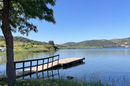 Kleiner See mit Holzsteg und grün bewachsenem Ufer