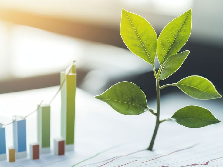 Wachstumsdiagramm und junge Pflanze auf einem Schreibtisch – Darstellung nachhaltiger Unternehmensentwicklung und grüner Wirtschaft.